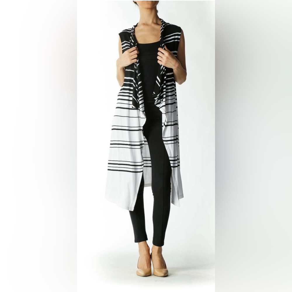 INC International Concepts Black and White Striped Sleeveless Cardigan
